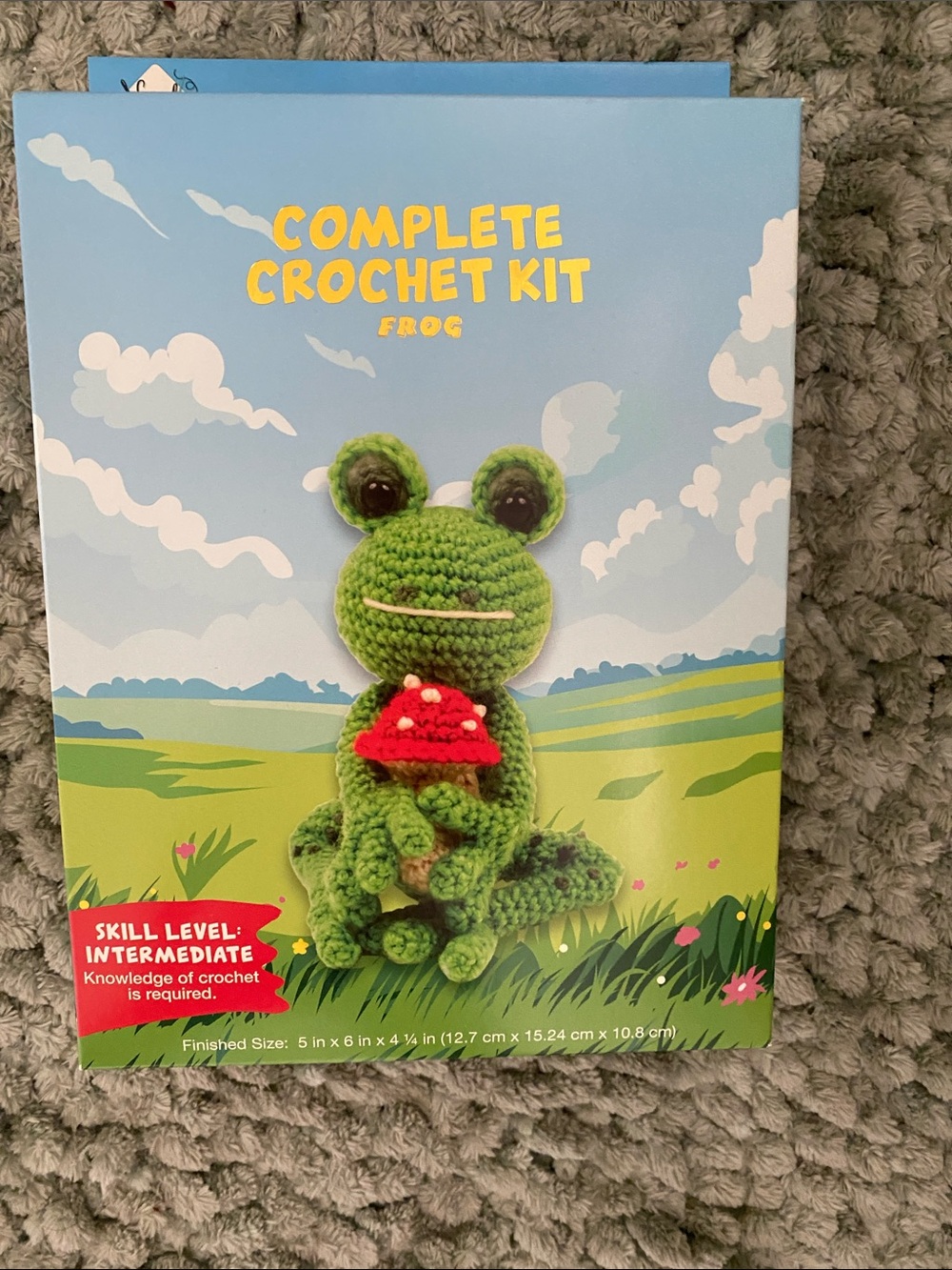 Needles Green Crochet Frog Holding Red Mushroom